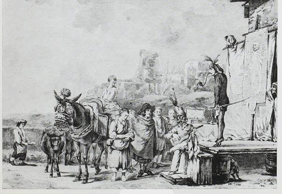 Gravure attribuée à N.-A. Taunay Paysans devant le tréteau d'une troupe de comédiens ambulants