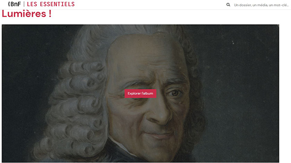 Capture d'écran du dossier Les Essentiels (BnF) sur les Lumières, portrait de Voltaire