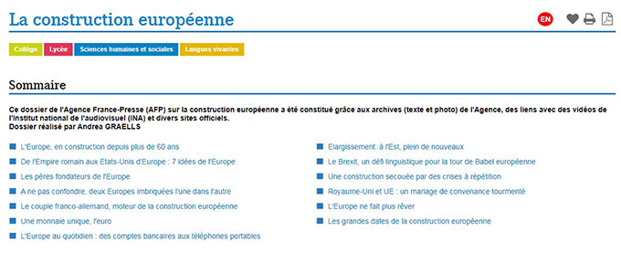 Capture d'écran du dossier sur la construction européenne réalisé par l'Agence France-Presse (AFP)