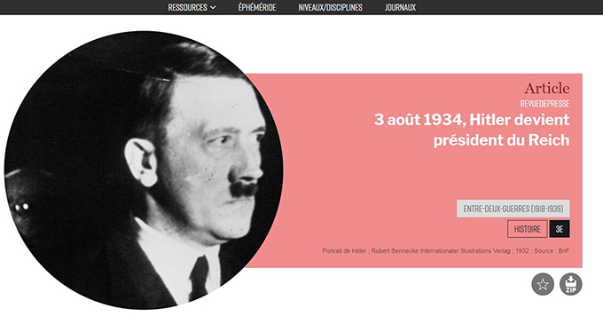 Capture d'écran du dossier Hitler devient président du Reich par Retronews (BnF)