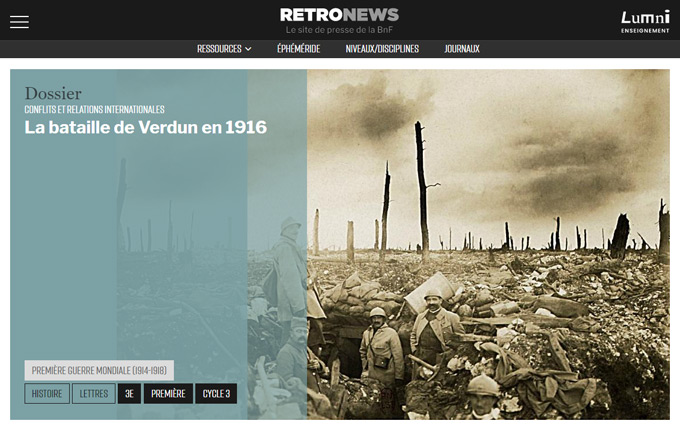 Capture d'écran du dossier du site la BnF - Retronews sur le traitement médiatique de la bataille de Verdun en 1916