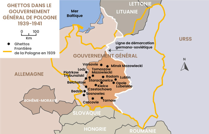 Carte des ghettos dans le gouvernement général de Pologne en 1939-1941