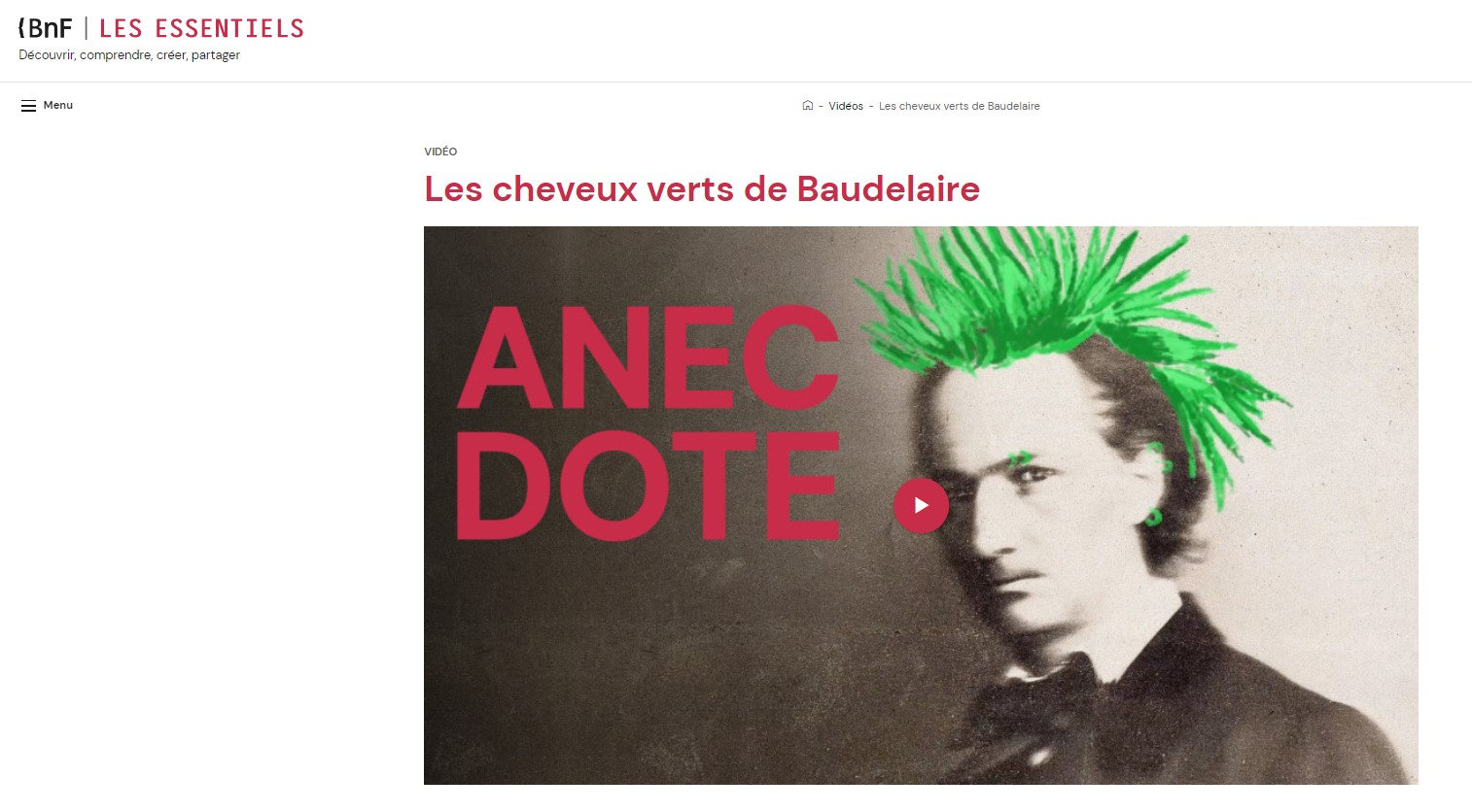 Capture d'écran du site de la BnF Les essentiels intitulé Les cheveux verts de Baudelaire