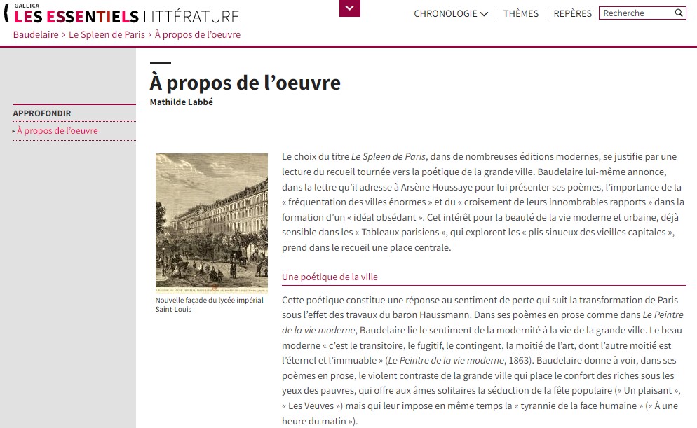 Capture d'écran du site de la BnF Les essentiels consacré au Spleen de Paris de Baudelaire
