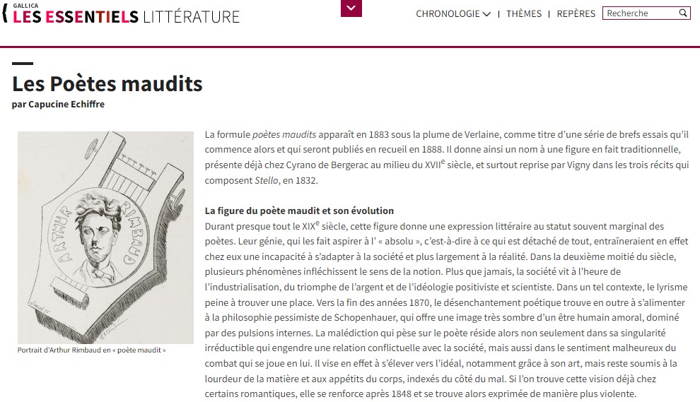 Capture d'écran du site BnF Les Essentiels consacré aux poètes maudits