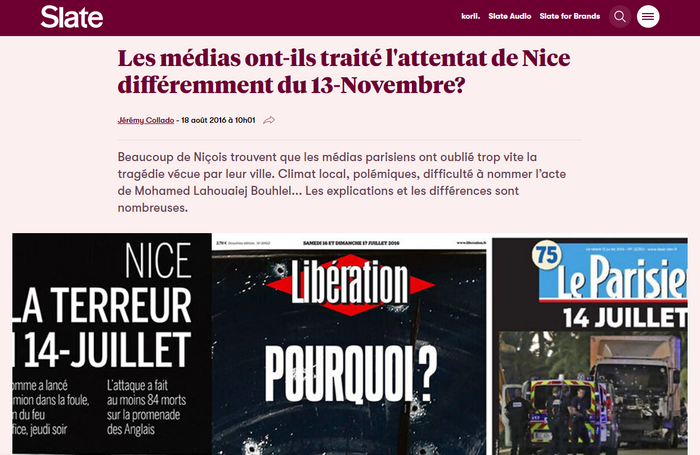 Article de Slate intitulé Les médias ont-ils traité l'attentat de Nice différemment du 13 Novembre ?